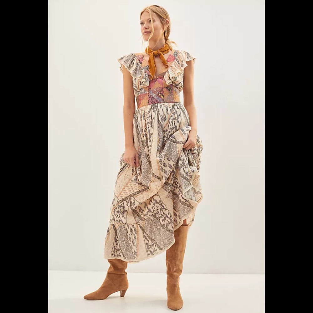 ANTHROPOLOGIE LET ME BE Quilted Ruffle Patchwork Maxi Dress